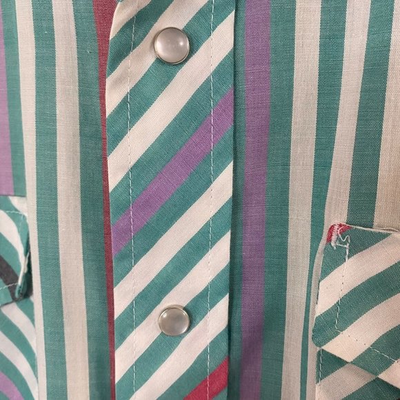 Vintage Ranchwear Western Pearl Snap Shirt Mens 16 1/2 Green Stripe Short Sleeve - Picture 8 of 12